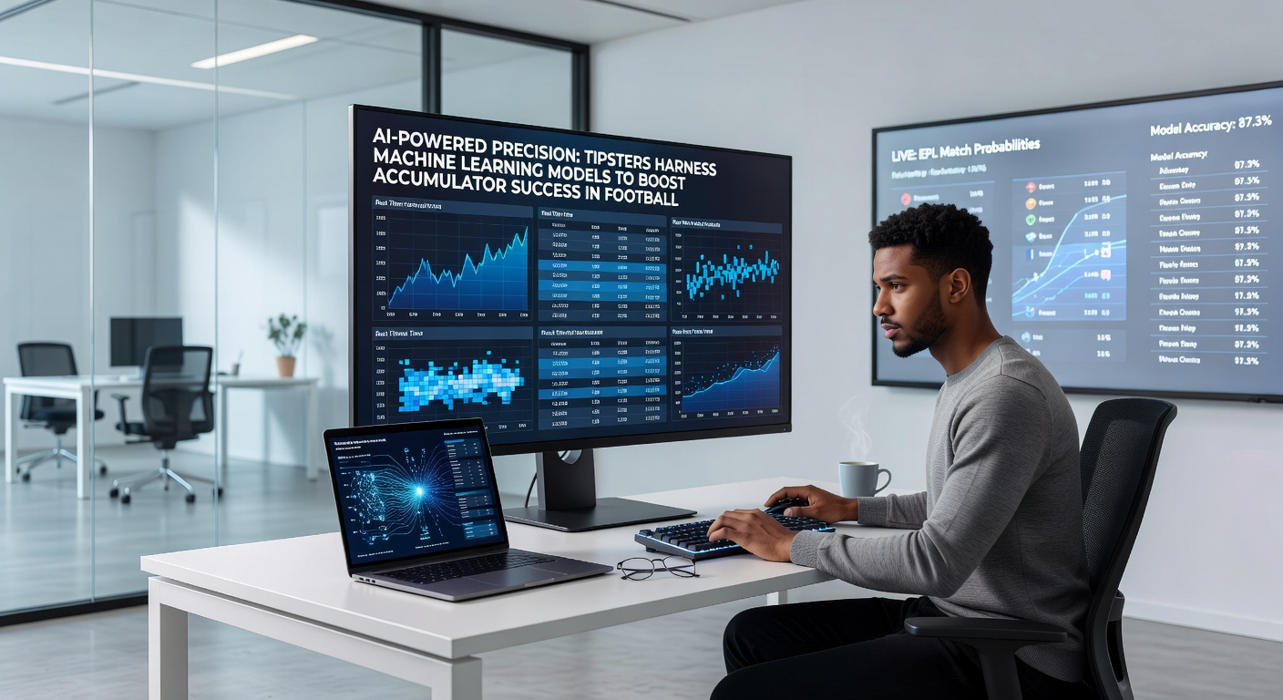 Dashboard displaying ML model outputs for horse racing pace analysis, tennis serve predictions, and football goal probabilities in an accumulator bet
