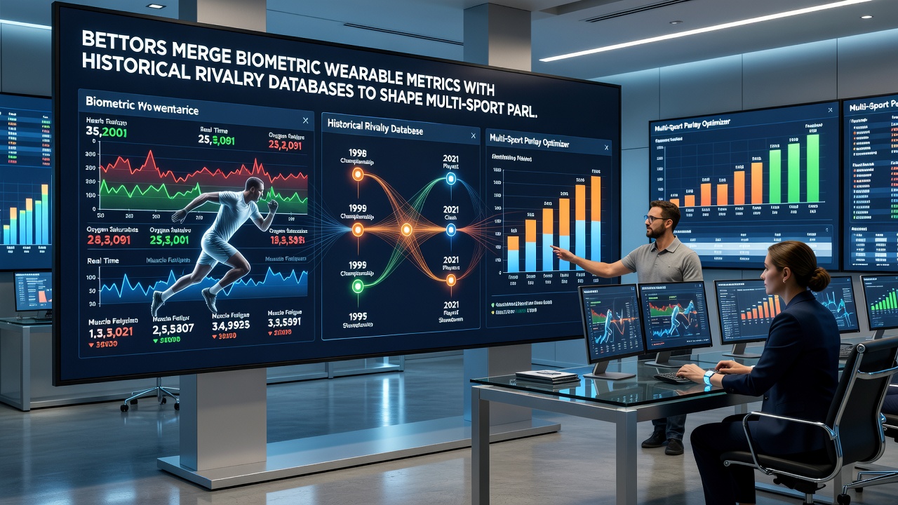 Dashboard displaying integrated biometric metrics and rivalry statistics for soccer, horse racing, and tennis selections