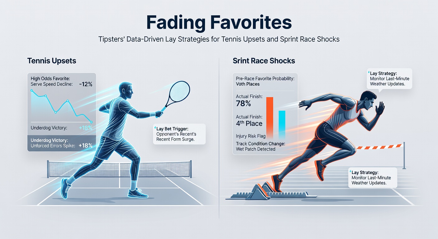 Close-up of sprint horse charging down straight while favorite fades wide; overlaid tennis player missing volley during upset rally