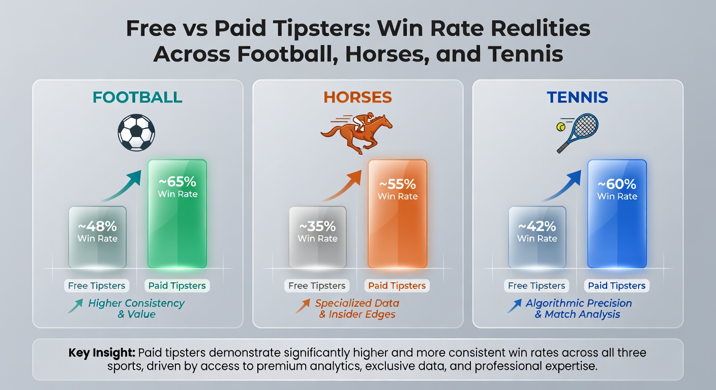 Line graph tracking cumulative win rates for free and paid tipsters in horse racing over multiple race meetings, highlighting divergence after 100 tips