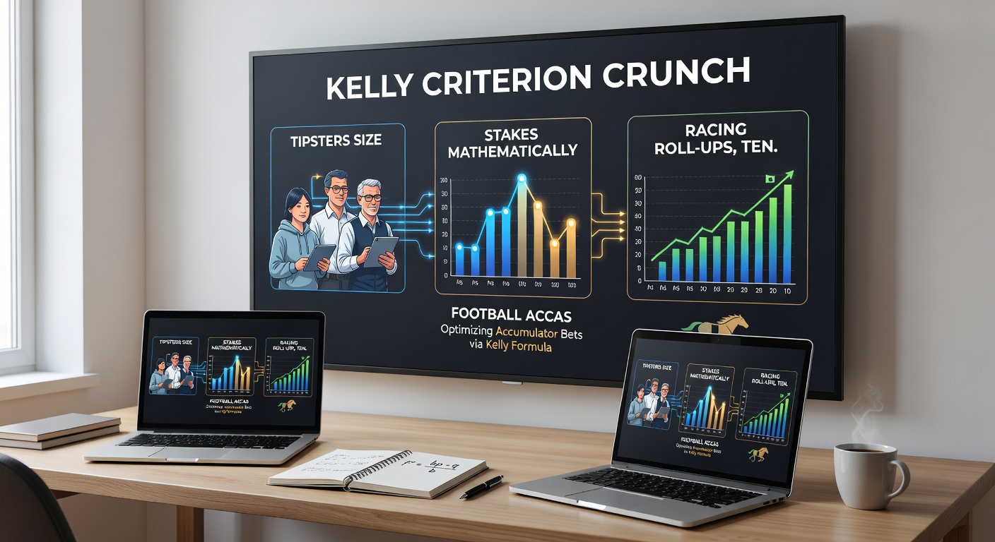 Tipster dashboard displaying Kelly Criterion calculations for a horse racing roll-up bet, with overlaid probability estimates and stake recommendations amid fluctuating odds