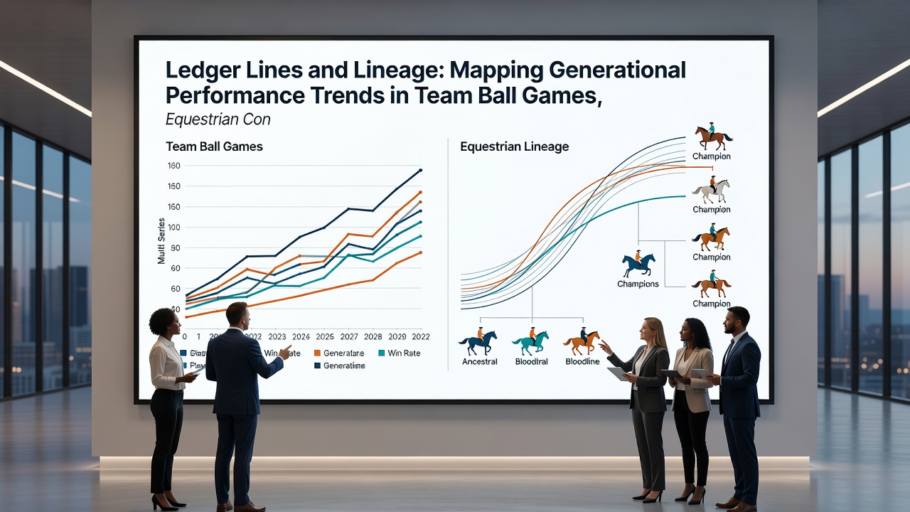 Detailed lineage tree diagrams connecting athlete families across football, equestrian sports, and tennis with performance metrics