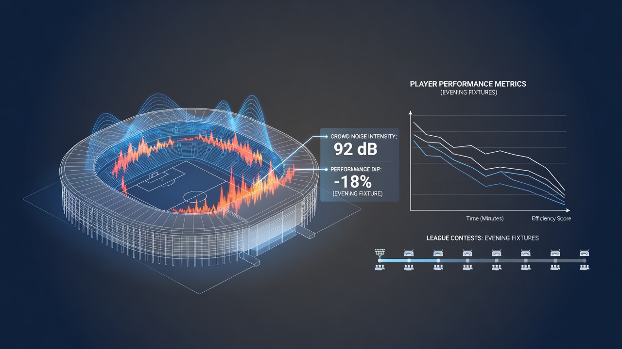 Player performance metrics overlaid with crowd noise levels in an enclosed evening match setting