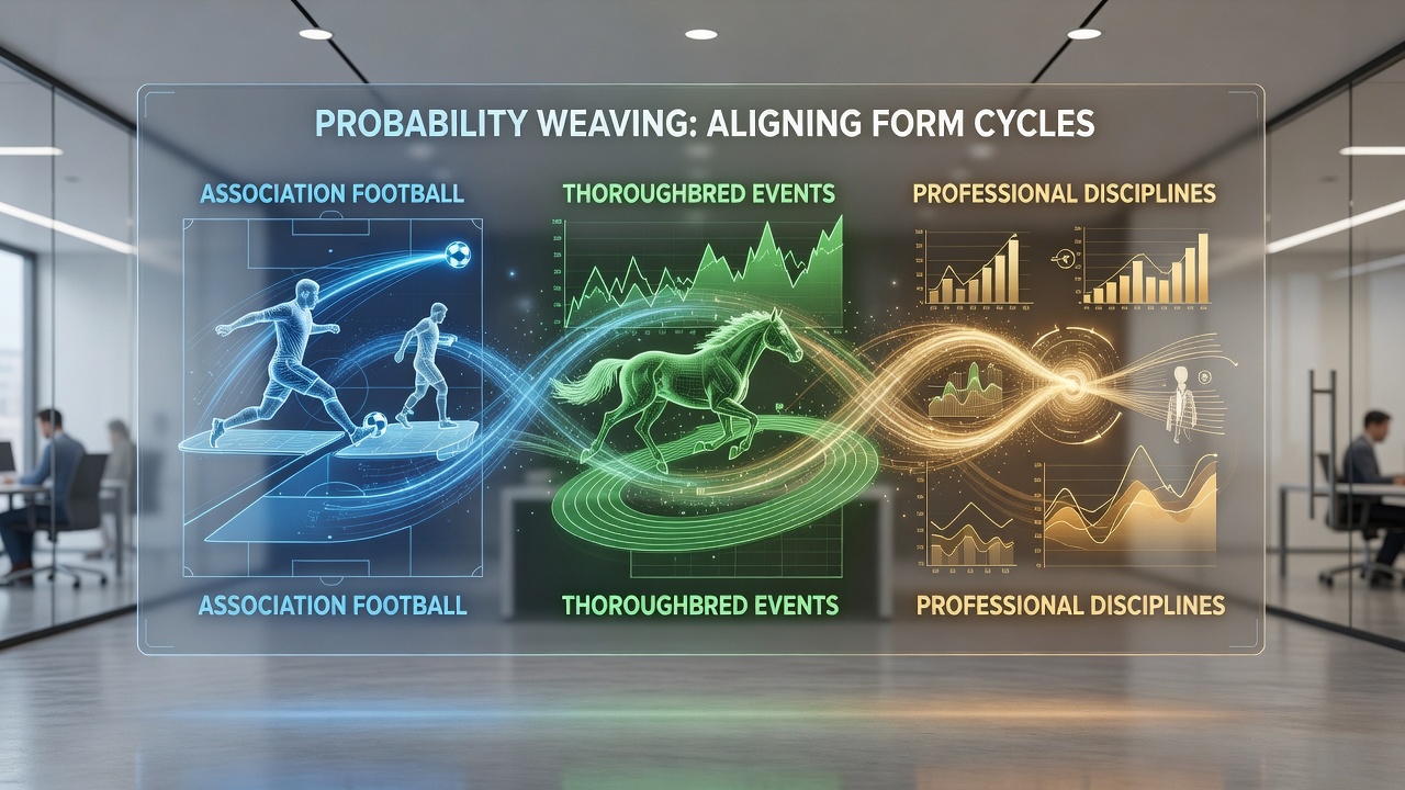 Detailed visualization of probability layers merging football, horse racing, and tennis datasets into unified selection outputs
