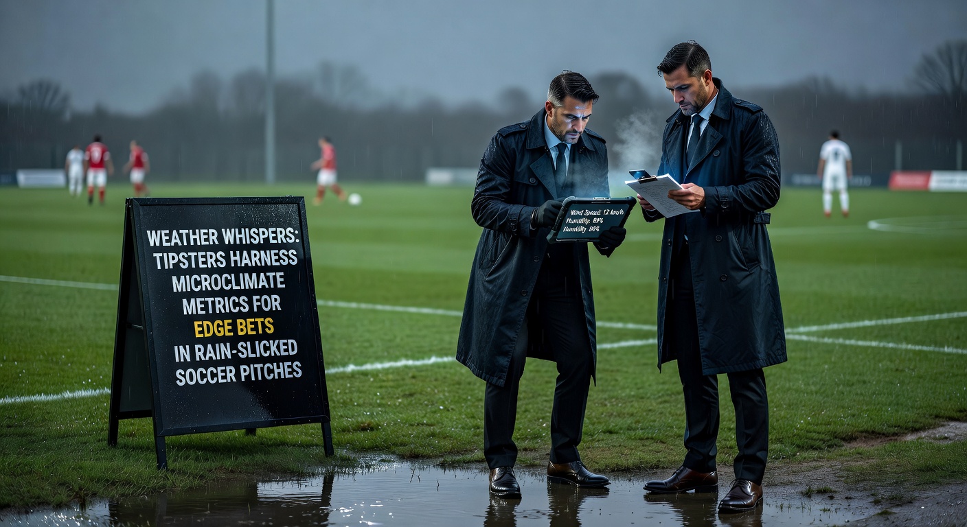 Horse racing on a muddy track under rainy skies, with inset graphs showing microclimate metrics like track moisture and wind speed